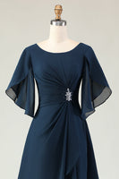 Load image into Gallery viewer, Sparkly Navy A Line Midi Beaded Mother of the Bride Dress with Sleeves