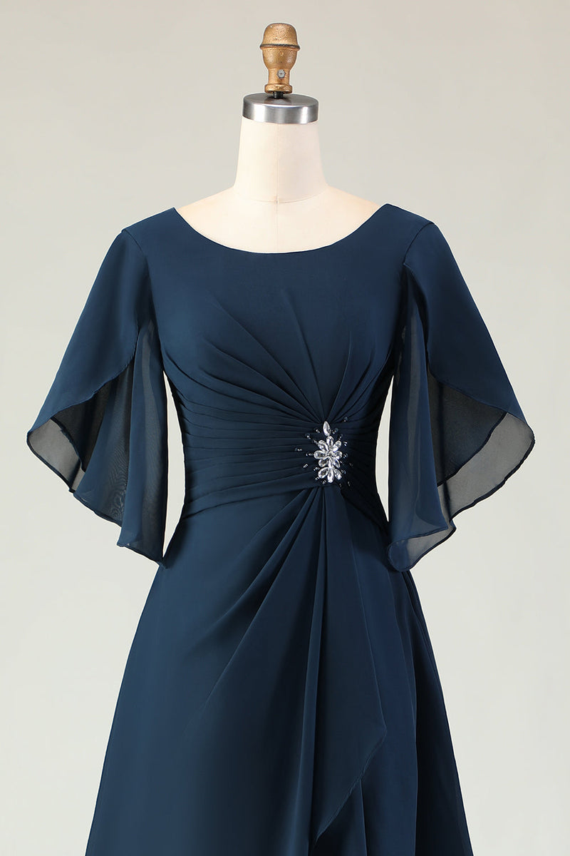 Load image into Gallery viewer, Sparkly Navy A Line Midi Beaded Mother of the Bride Dress with Sleeves