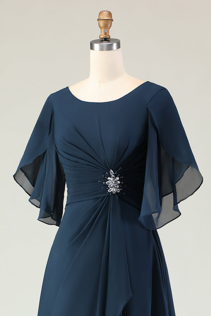 Load image into Gallery viewer, Sparkly Navy A Line Midi Beaded Mother of the Bride Dress with Sleeves