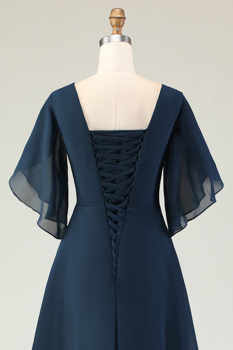 Load image into Gallery viewer, Sparkly Navy A Line Midi Beaded Mother of the Bride Dress with Sleeves