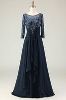 Load image into Gallery viewer, Navy Appliqued Round Neck Long Mother of the Bride Dress with Ruffles