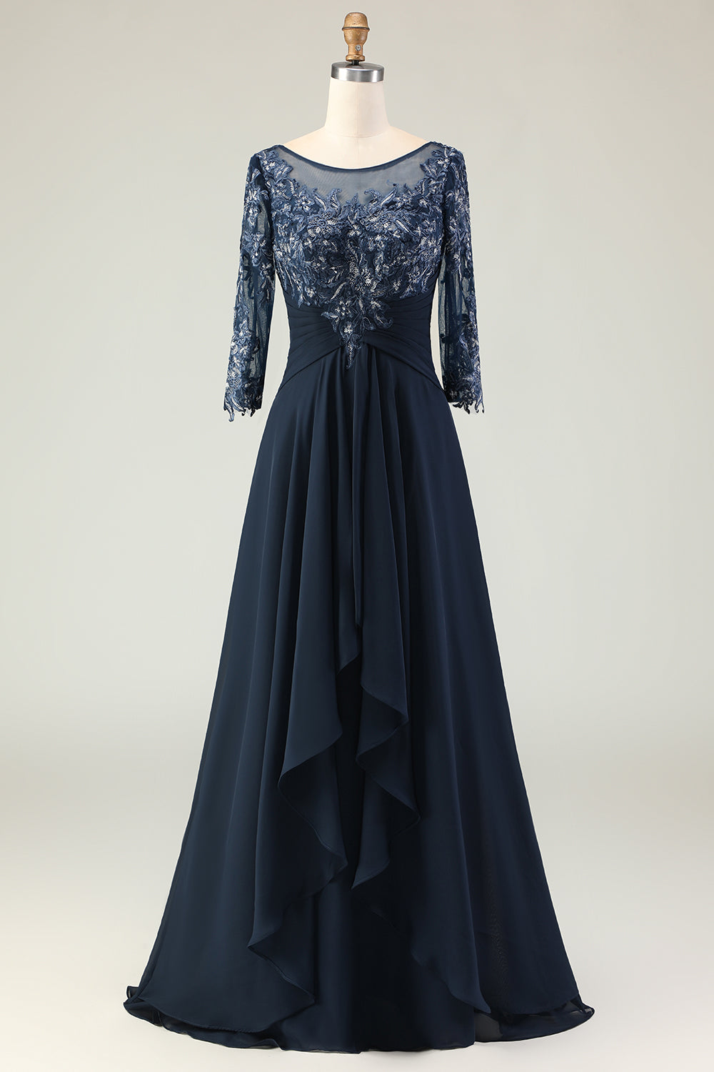 Navy Appliqued Round Neck Long Mother of the Bride Dress with Ruffles