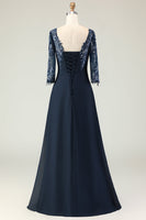 Load image into Gallery viewer, Navy Appliqued Round Neck Long Mother of the Bride Dress with Ruffles