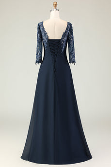 Navy Appliqued Round Neck Long Mother of the Bride Dress with Ruffles