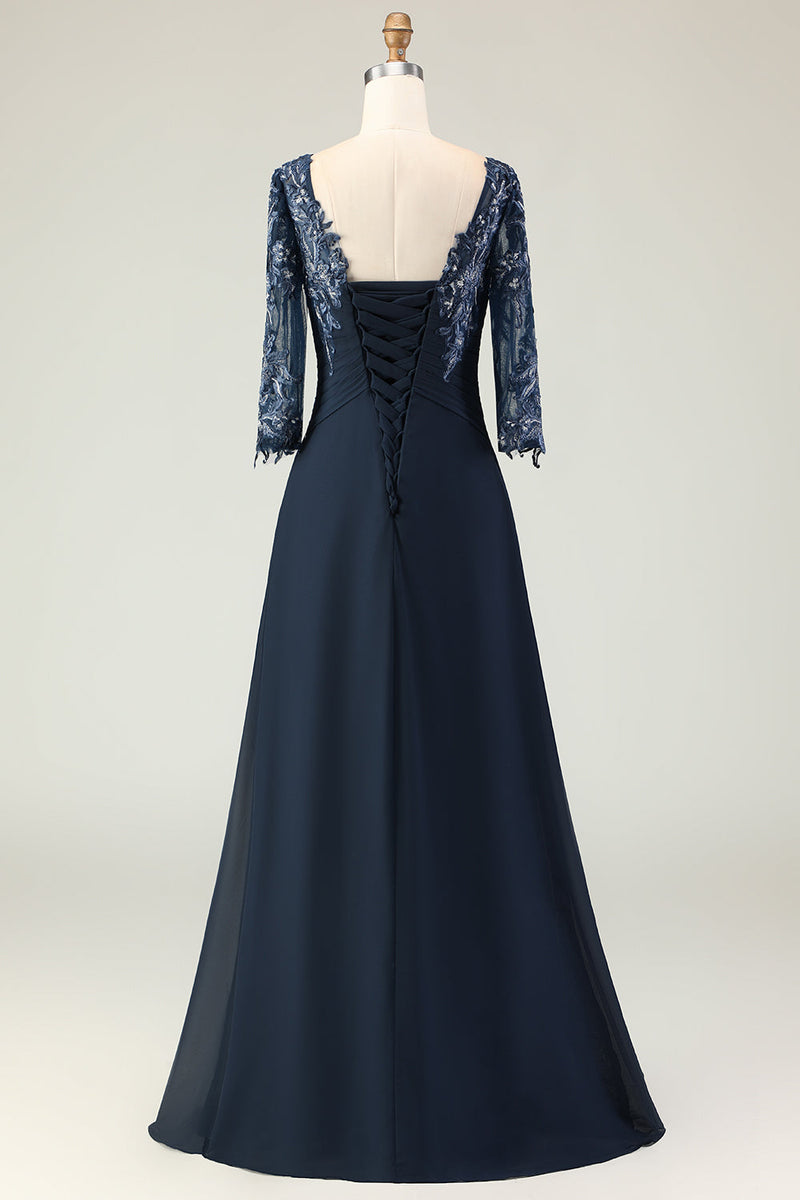Load image into Gallery viewer, Navy Appliqued Round Neck Long Mother of the Bride Dress with Ruffles