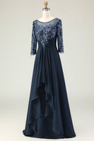 Load image into Gallery viewer, Navy Appliqued Round Neck Long Mother of the Bride Dress with Ruffles