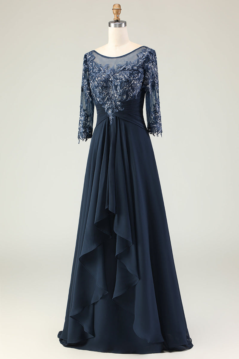 Load image into Gallery viewer, Navy Appliqued Round Neck Long Mother of the Bride Dress with Ruffles