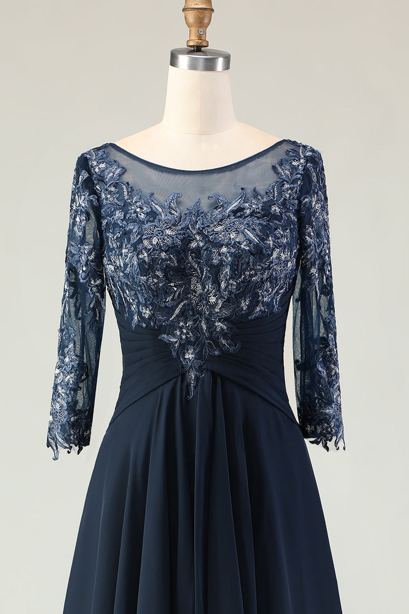 Load image into Gallery viewer, Navy Appliqued Round Neck Long Mother of the Bride Dress with Ruffles
