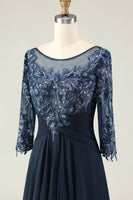 Load image into Gallery viewer, Navy Appliqued Round Neck Long Mother of the Bride Dress with Ruffles