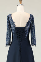 Load image into Gallery viewer, Navy Appliqued Round Neck Long Mother of the Bride Dress with Ruffles