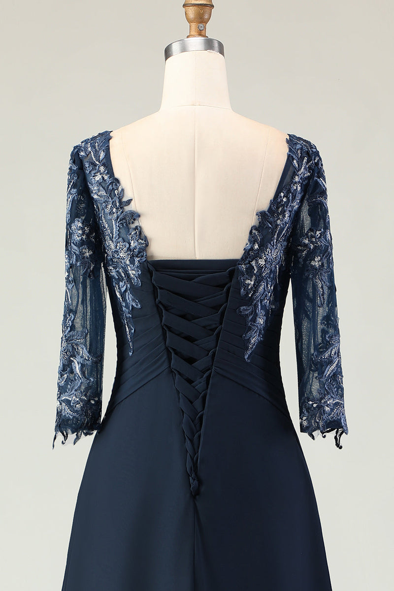 Load image into Gallery viewer, Navy Appliqued Round Neck Long Mother of the Bride Dress with Ruffles