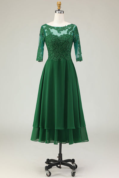 Green Boat Neck Midi Mother of the Bride Dress with Lace