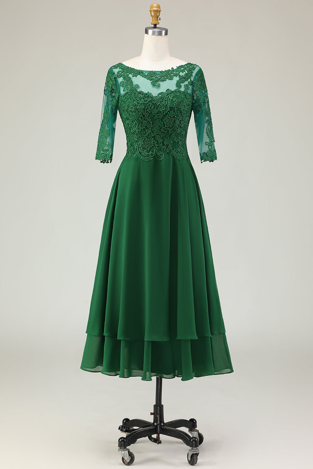 Green Boat Neck Midi Mother of the Bride Dress with Lace