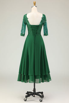 Green Boat Neck Midi Mother of the Bride Dress with Lace