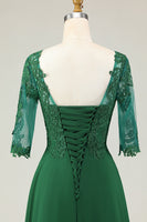 Load image into Gallery viewer, Green Boat Neck Midi Mother of the Bride Dress with Lace