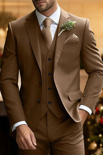 Brown 3 Piece Long Sleeves Notched Lapel Men's Suits