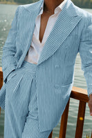 Load image into Gallery viewer, 2 Piece Green Peak Lapel Stripe Long Sleeves Men&#39;s Prom Suits with Pockets