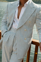 Load image into Gallery viewer, 2 Piece Green Peak Lapel Stripe Long Sleeves Men&#39;s Prom Suits with Pockets