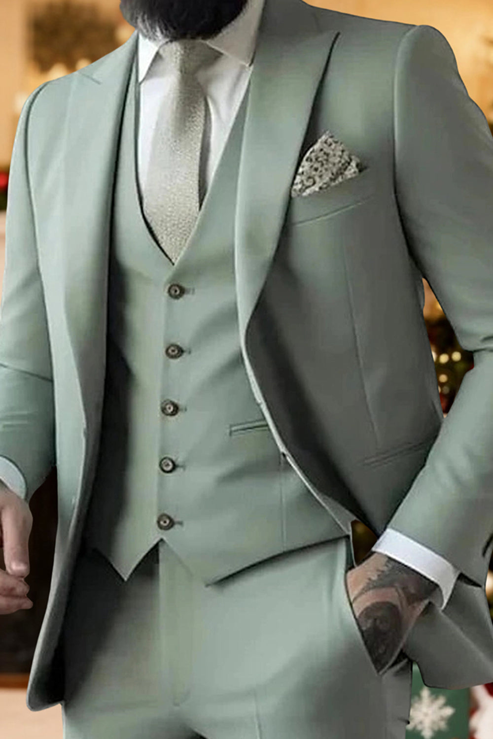 3 Piece Sage Peak Lapel Single Breasted Men's Prom Suits with Pockets