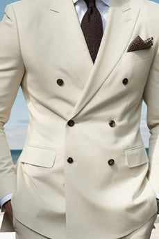 2 Piece Ivory Double Breasted Notched Lapel Men's Prom Suits
