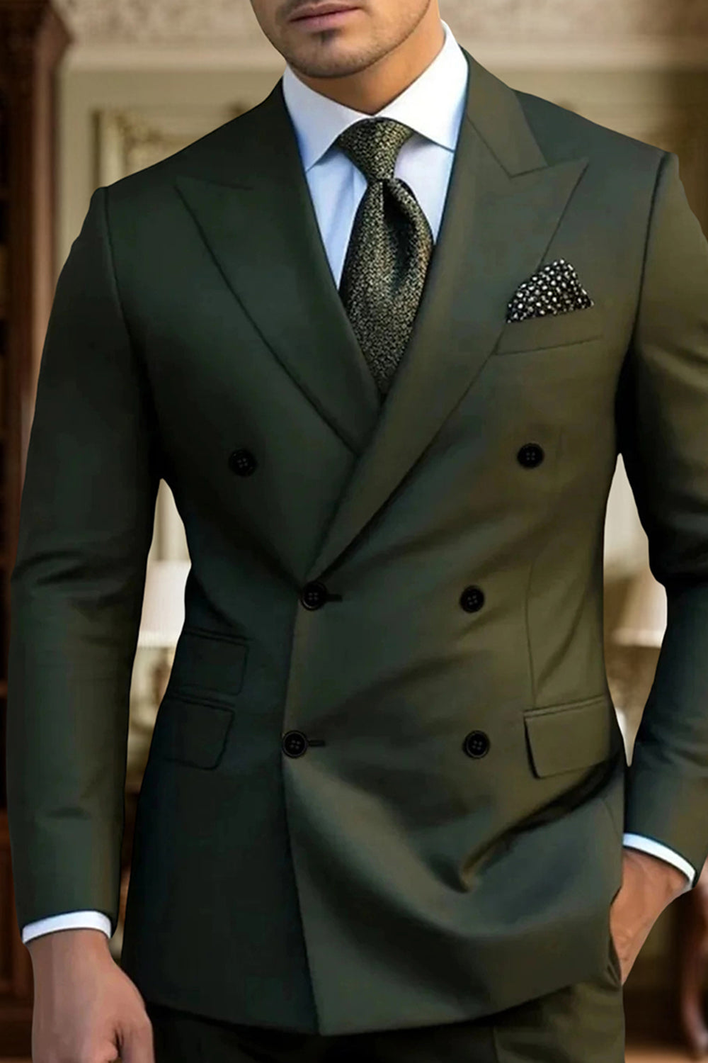 2 Piece Dark Green Double Breasted Peak Lapel Men's Prom Suits with Sleeves