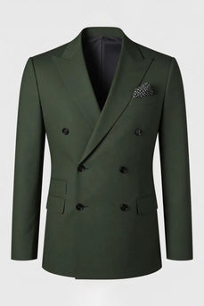 2 Piece Dark Green Double Breasted Peak Lapel Men's Prom Suits with Sleeves