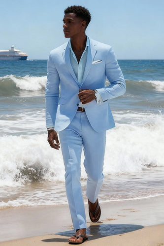 2 Piece Sky Blue Notched Lapel Single Breasted Men Prom Suits with Sleeves