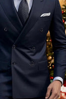 Load image into Gallery viewer, 2 Piece Dark Blue Double Breasted Peak Lapel Men Prom Suits