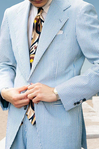 2 Piece Light Blue Striped Notched Lapel Single Breasted Men Prom Suits