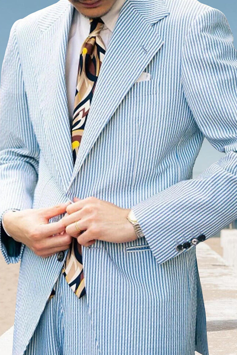 Load image into Gallery viewer, 2 Piece Light Blue Striped Notched Lapel Single Breasted Men Prom Suits