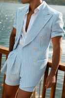 Load image into Gallery viewer, 2 Piece Green Striped Single Breasted Men Prom Suits with Shorts