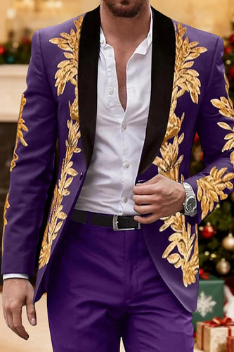 2 Piece Purple Single Breasted Shawl Lapel Jacquard Men Prom Suits