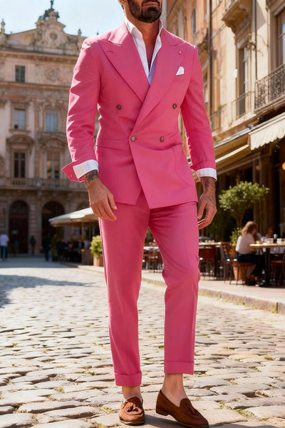2 Piece Fuchsia Peak Lapel Double Breasted Men Prom Suits with Sleeves