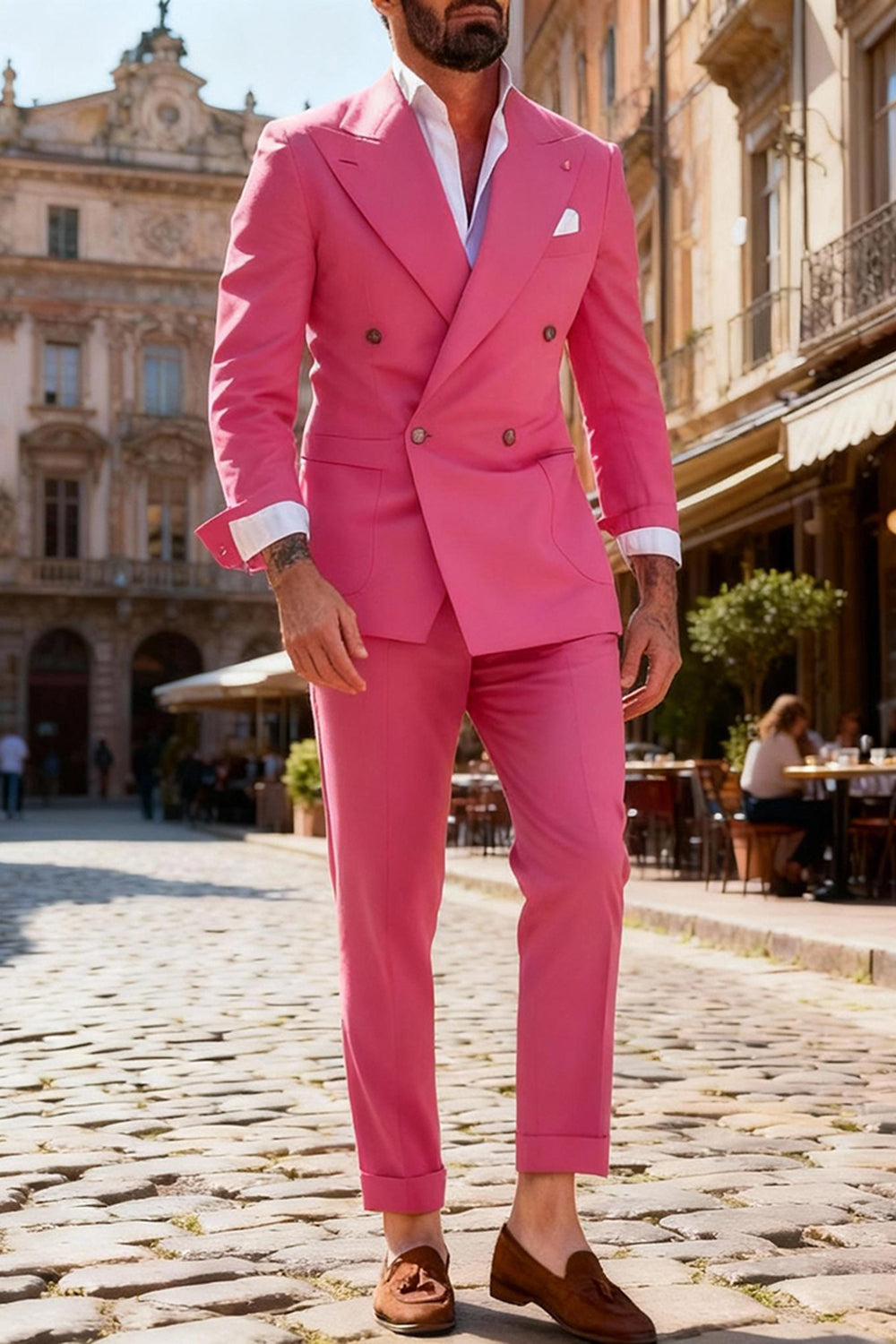 2 Piece Fuchsia Peak Lapel Double Breasted Men Prom Suits with Sleeves