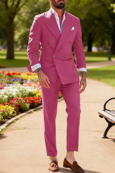 2 Piece Fuchsia Peak Lapel Double Breasted Men Prom Suits with Sleeves