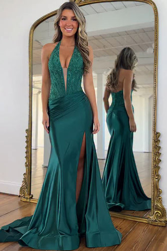 Sparkly Dark Green Mermaid Corset Beaded Long Prom Dress with Slit