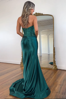 Sparkly Dark Green Mermaid Corset Beaded Long Prom Dress with Slit