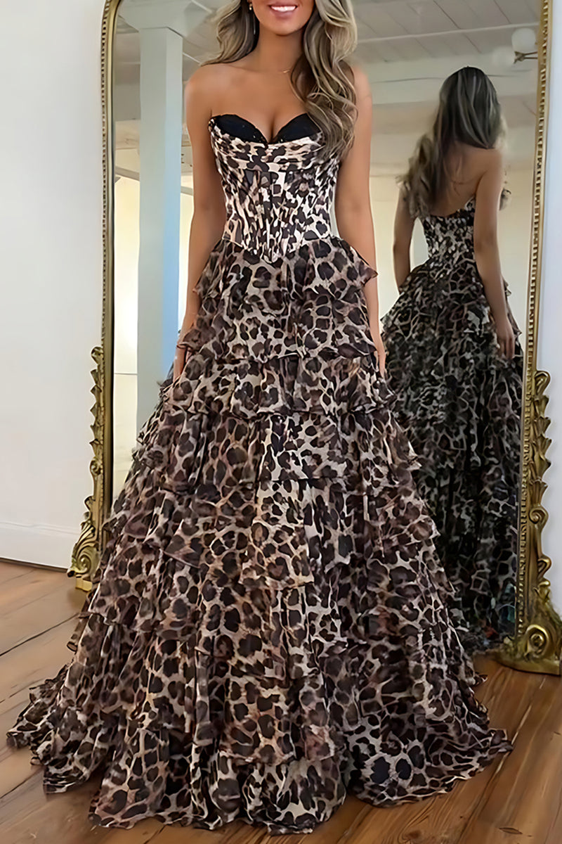 Load image into Gallery viewer, Sparkly Brown Leopard Sweetheart Beaded Long Corset Prom Dress with Ruffles