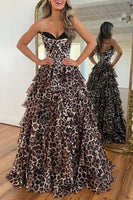 Load image into Gallery viewer, Sparkly Brown Leopard Sweetheart Beaded Long Corset Prom Dress with Ruffles