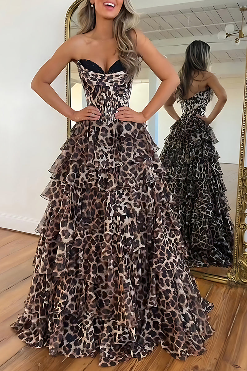 Load image into Gallery viewer, Sparkly Brown Leopard Sweetheart Beaded Long Corset Prom Dress with Ruffles
