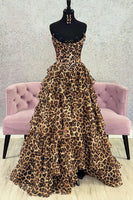 Load image into Gallery viewer, Sparkly Brown Leopard Sweetheart Beaded Long Corset Prom Dress with Ruffles