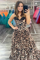 Load image into Gallery viewer, Sparkly Brown Leopard Sweetheart Beaded Long Corset Prom Dress with Ruffles