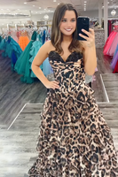 Load image into Gallery viewer, Sparkly Brown Leopard Sweetheart Beaded Long Corset Prom Dress with Ruffles