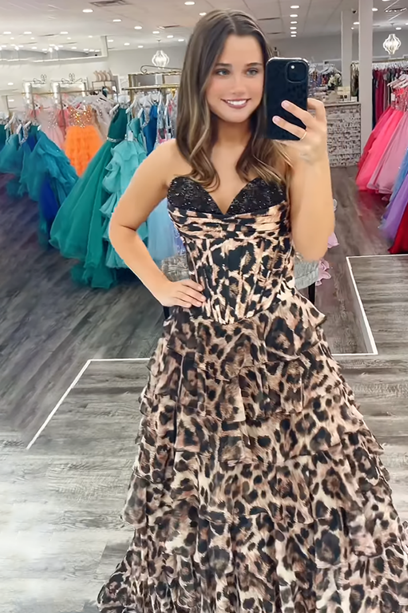 Load image into Gallery viewer, Sparkly Brown Leopard Sweetheart Beaded Long Corset Prom Dress with Ruffles