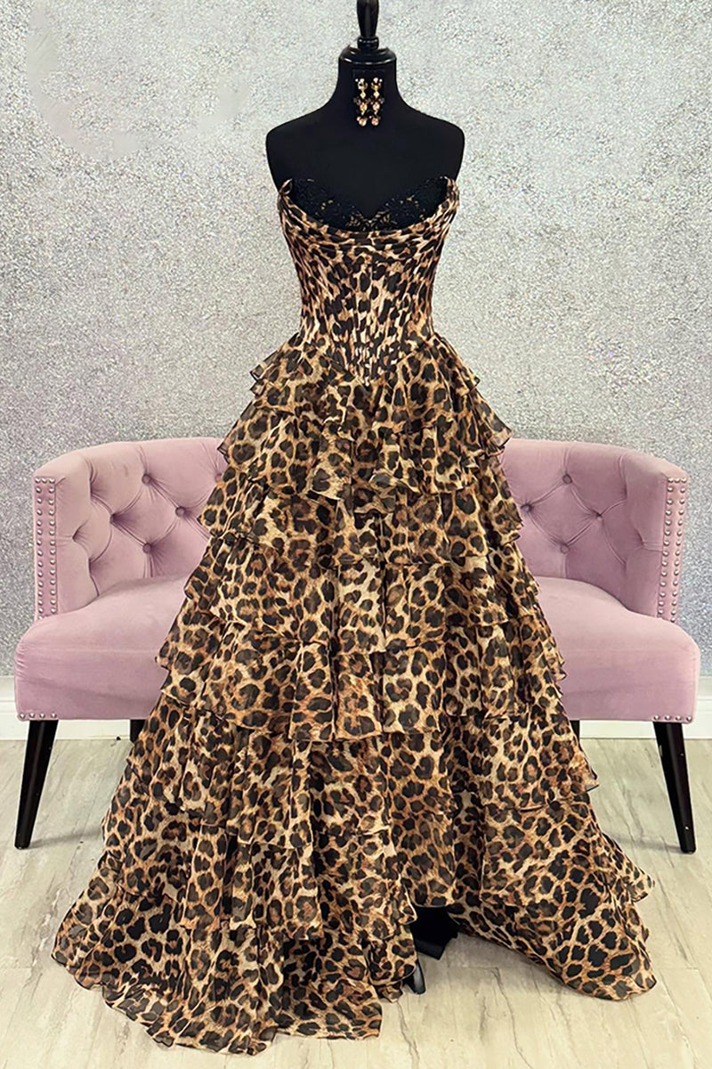 Load image into Gallery viewer, Sparkly Brown Leopard Sweetheart Beaded Long Corset Prom Dress with Ruffles