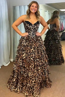 Load image into Gallery viewer, Sparkly Brown Leopard Sweetheart Beaded Long Corset Prom Dress with Ruffles