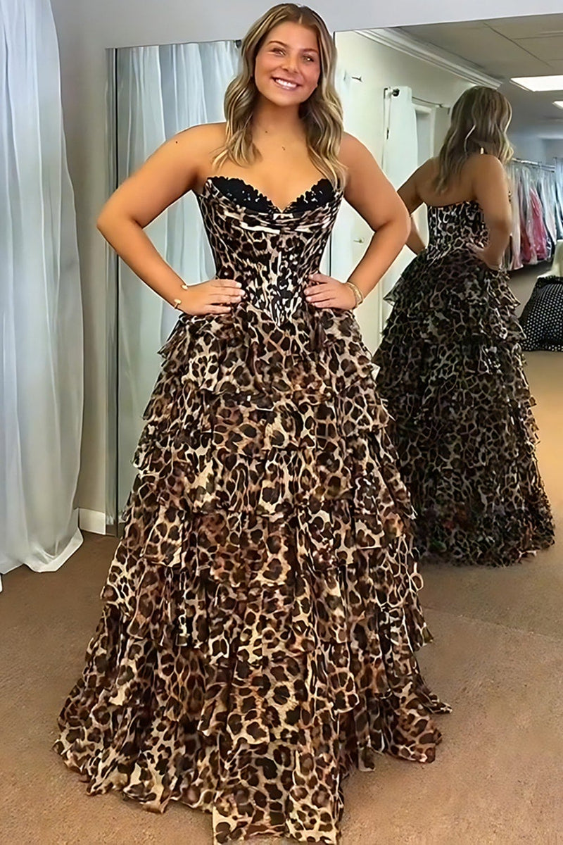 Load image into Gallery viewer, Sparkly Brown Leopard Sweetheart Beaded Long Corset Prom Dress with Ruffles