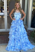 Load image into Gallery viewer, Sparkly Blue Flower Sweetheart Ruffled Long Corset Prom Dress with Beading