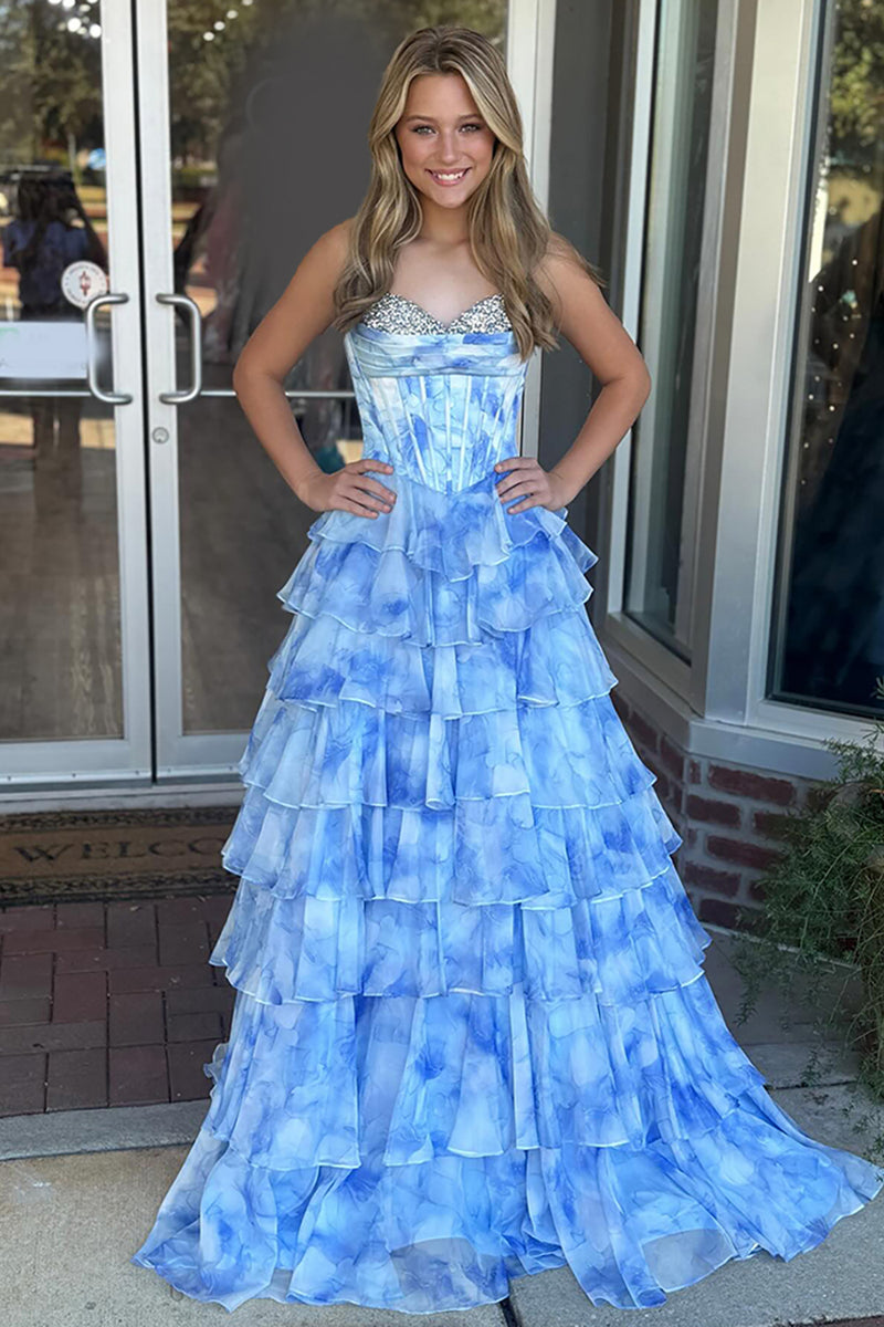 Load image into Gallery viewer, Sparkly Blue Flower Sweetheart Ruffled Long Corset Prom Dress with Beading