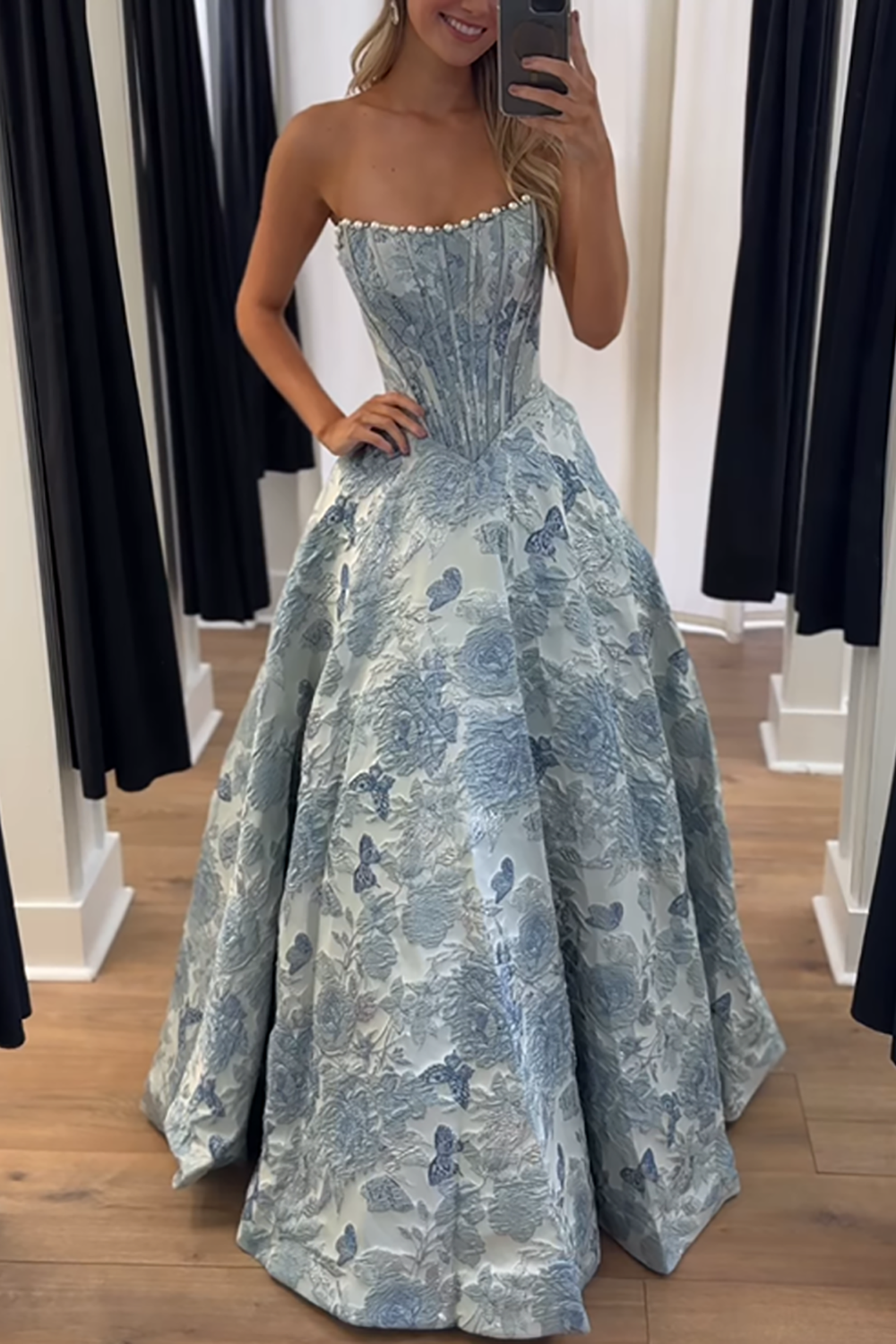 Strapless Grey Blue Flower A Line Long Corset Prom Dress with Pearls